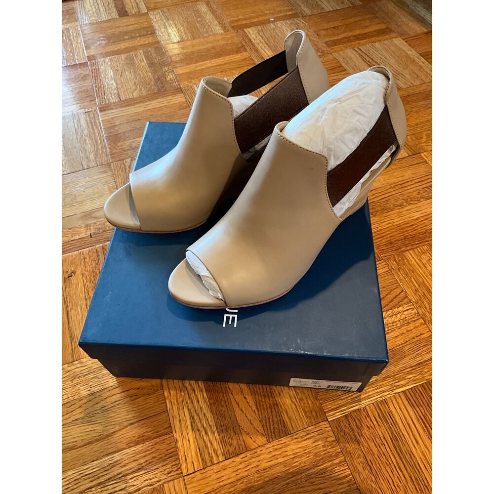 Marchez Vous Blue Nell Wedge Heels Leather‎ Peep Toe Tan Womens Size 9.5 NWB
